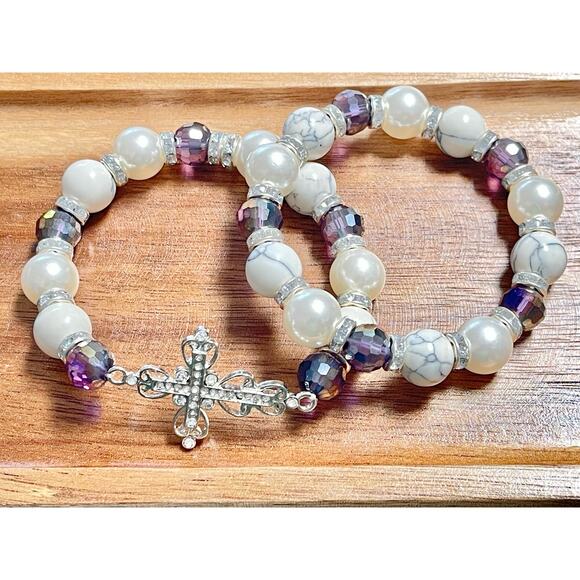 Crystal Cross Pearl Howlite Crystal Bracelet Set - Picture 6 of 12
